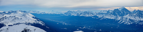 Whitehorn and Protection at left. Assiniboine at distant center with Storm, Ball, Quadra and Temple.