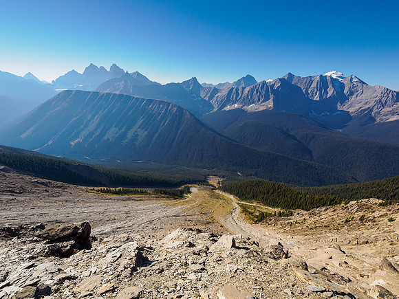 Views back down the foreshortened SW ascent slope / gully.