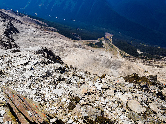 Views off the SSE ridge all the way down the SW face to the avalanche paths far below at left.