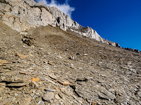 Views back up to the traverse and escape route from the SW face.