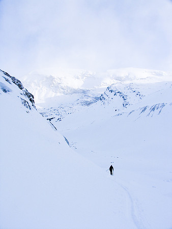 Steep slopes at the top of Bow Canyon going up the headwall below the Bow Hut.