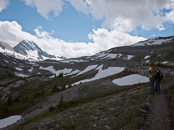 Looking up at Burstall Pass Peak (right) and Mount Douglas (left).