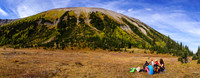Our first break, sitting under Tent Ridge in the meadows around the Monica Brook tarn.
