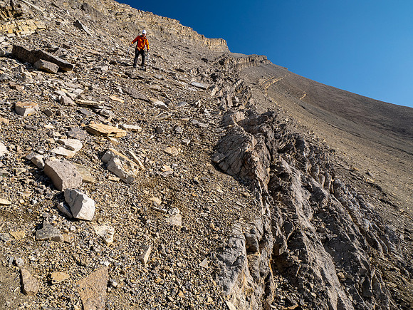 Descending the south rubble ledge on Smoky Mountain.