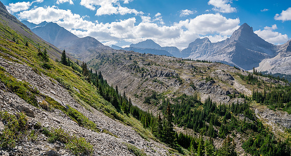 Traversing east above Roaring Creek to Mount Goodair.