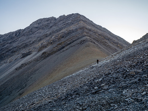 Hiking out of the upper SW corner of Roaring Creek to the McConnell Creek high col.