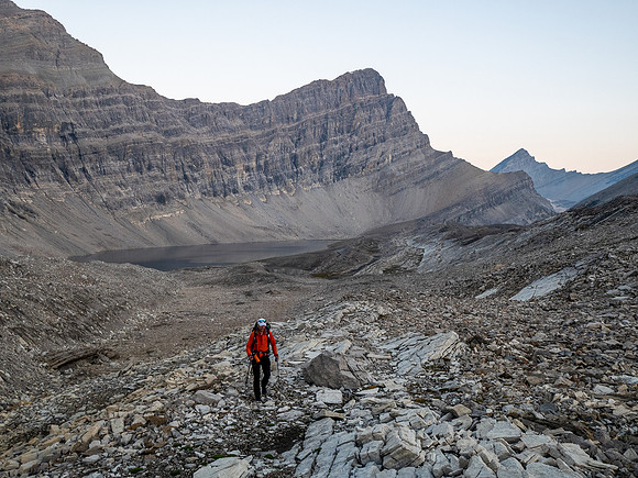 Hiking out of the upper SW corner of Roaring Creek to the McConnell Creek high col.