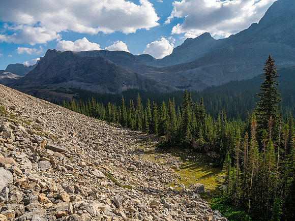 Descending into Roaring Creek from the NW ridge of Mount Goodair.
