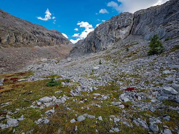 Ascending SW out of the Roaring Creek Valley to upper tarns under Little Cataract Peak.