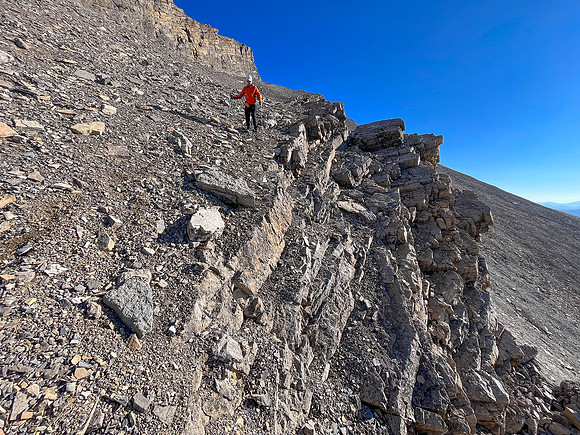 Descending the south rubble ledge on Smoky Mountain.
