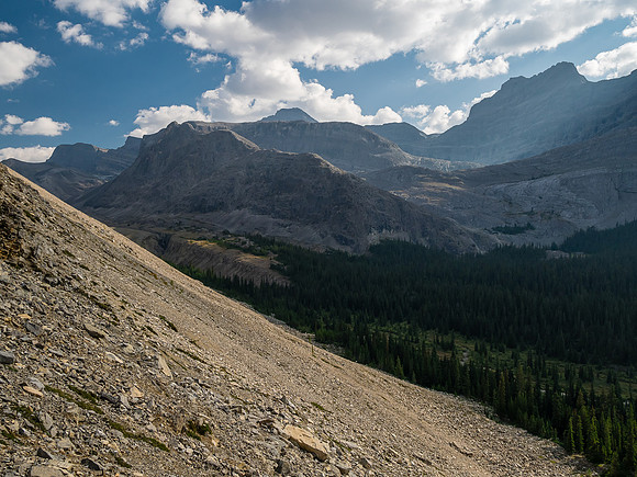 Descending into Roaring Creek from the NW ridge of Mount Goodair.