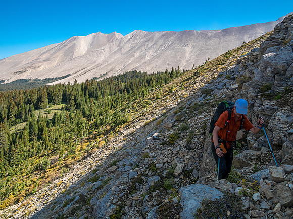 Traversing east above Roaring Creek to Mount Goodair.
