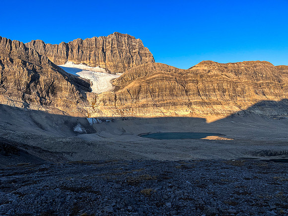 Sunrise on the east face of Cataract Peak from upper Roaring Creek.