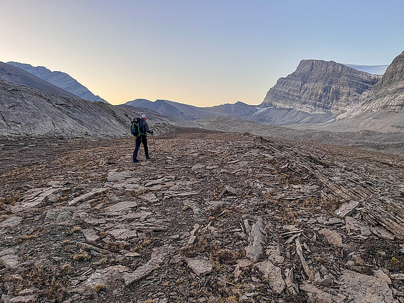 Hiking out of the upper SW corner of Roaring Creek to the McConnell Creek high col.