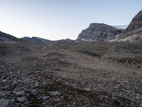 Hiking out of the upper SW corner of Roaring Creek to the McConnell Creek high col.