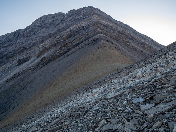 Hiking out of the upper SW corner of Roaring Creek to the McConnell Creek high col.