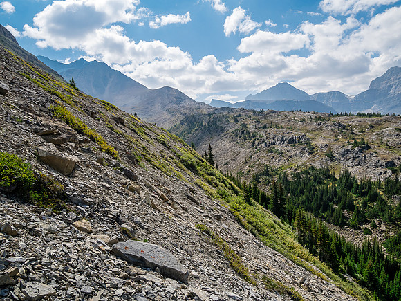 Traversing east above Roaring Creek to Mount Goodair.