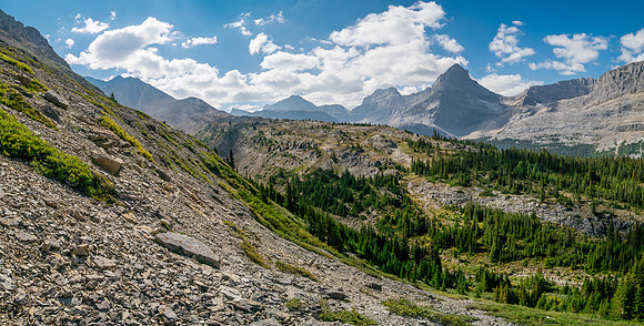 Traversing east above Roaring Creek to Mount Goodair.