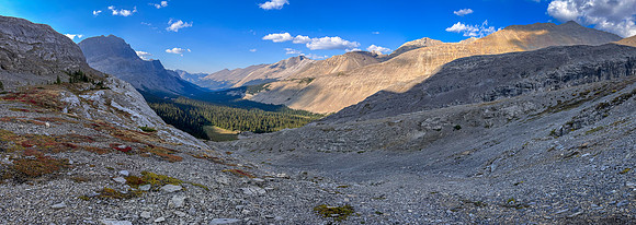 Ascending SW out of the Roaring Creek Valley to upper tarns under Little Cataract Peak.