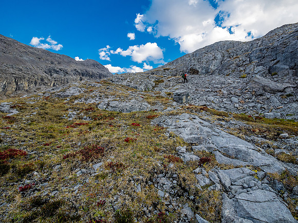 Ascending SW out of the Roaring Creek Valley to upper tarns under Little Cataract Peak.