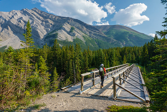 Hiking across the Red Deer River on the Cascade fire road.