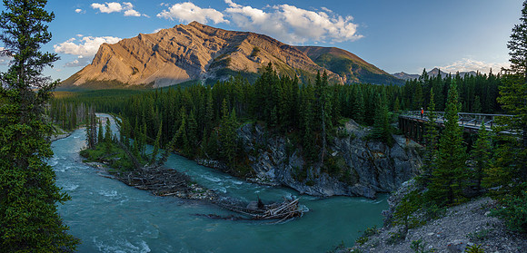 The Red Deer River flows under an old bridge along the Cascade fire road. Mount White in the bg.
