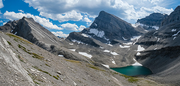 Views back to our approach col and the upper lake. Unnamed summit at right.