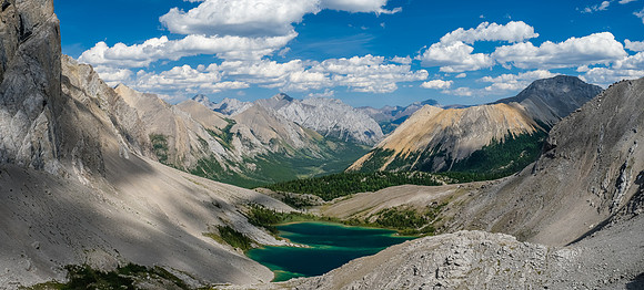 Views over Block Lakes towards a distant Flints Peak and Cuthead Mountain at left.