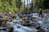 Hiking up the access creek. A mix of forest, bushwhacking, deadfall and wet feet.