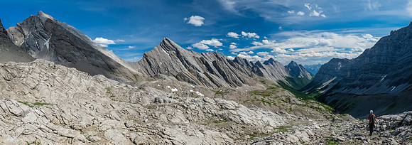 A moonscape as we traverse left high above the creek. Noetic Peak at left.