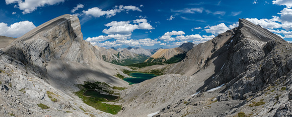 Views over the Block Lakes from the traverse. Block Mountain at left, unnamed at right.