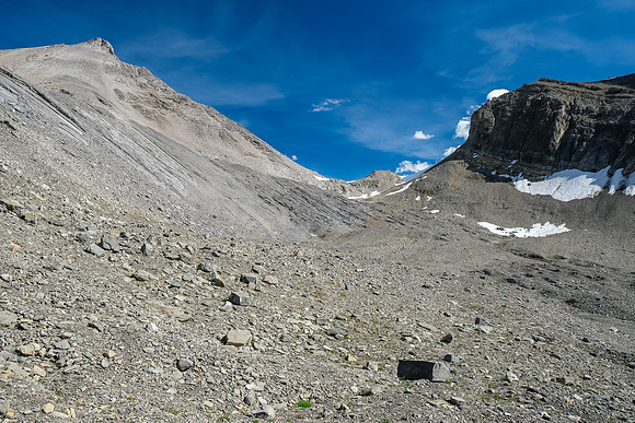 Traversing to the col leading down to the access drainage.