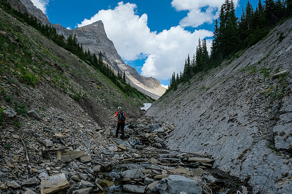 The creek narrows near tree line against an interesting bedding plane.