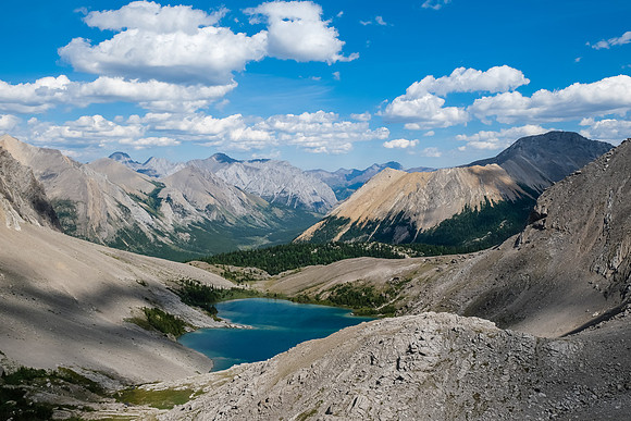 Views over Block Lakes towards a distant Flints Peak and Cuthead Mountain at left.