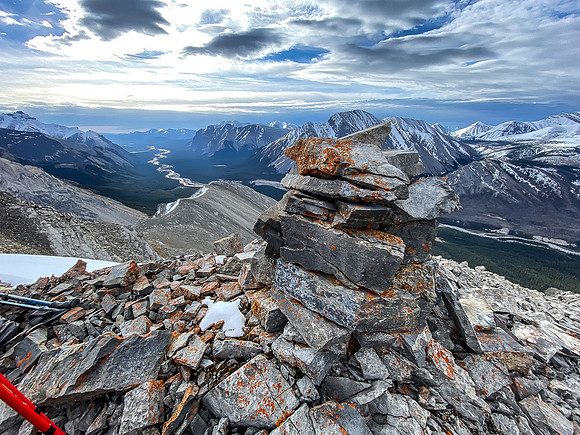 An old summit cairn with views down the Clearwater River valley.