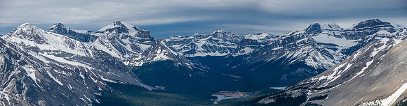 Views up valley to Trident, Martin and Clearwater Lake. South Tower, Crown and Harris at right.