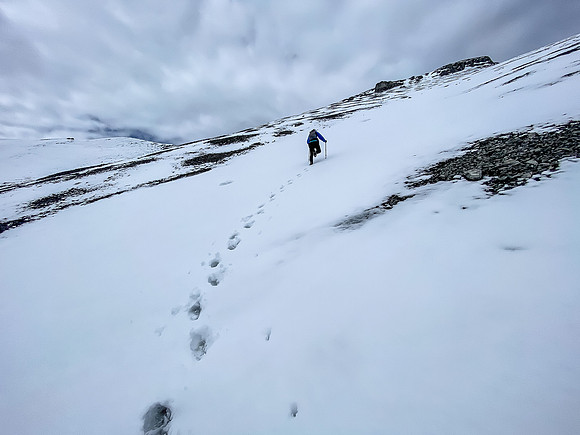 Using snow to our advantage up the huge south gully.