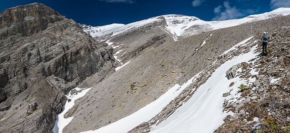 We deviated out of the gully on climber's right but didn't have to. Lost Guide towering above.