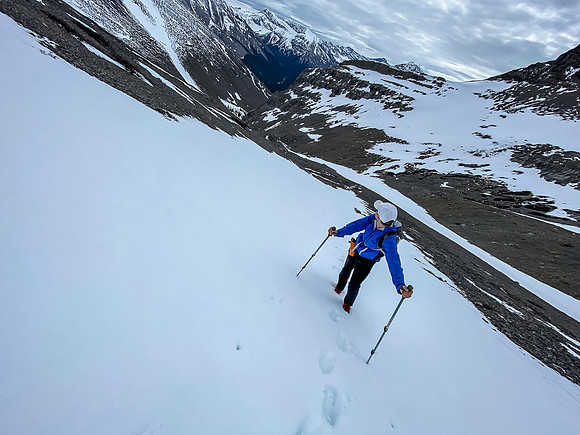 Using snow to our advantage up the huge south gully.
