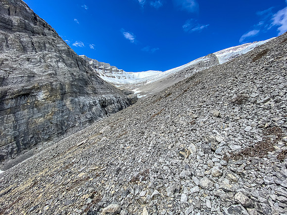We deviated out of the gully on climber's right but didn't have to. Lost Guide towering above.