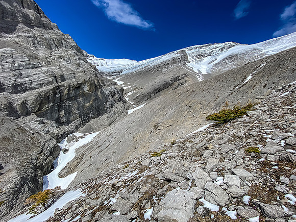We deviated out of the gully on climber's right but didn't have to. Lost Guide towering above.