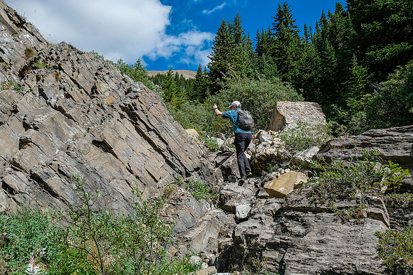 Hiking up the lower access drainage from Wigmore Lake.