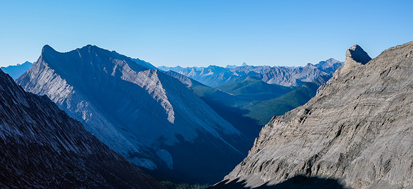 Views back down the gully across the Cascade River valley below. The peak at left is unnamed.