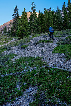 Starting up the lower access slopes to the gully above.