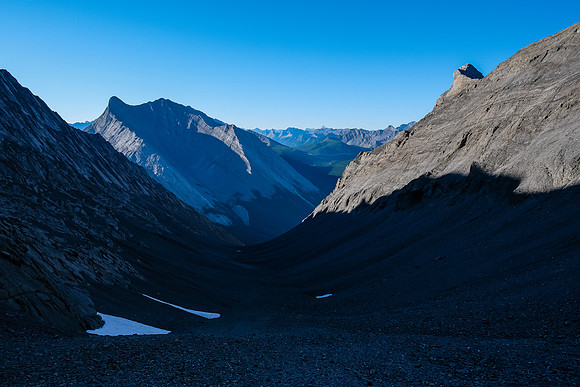 Views back down the gully across the Cascade River valley below. The peak at left is unnamed.