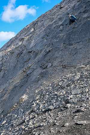 Exiting the west face - this shows the angle and type of terrain to the summit ridge.