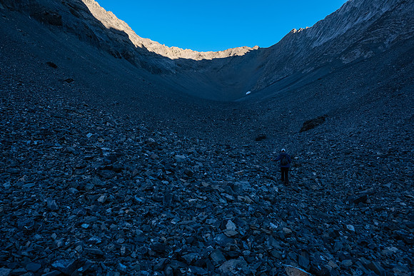 Grinding our way up the foreshortened, easy access gully.