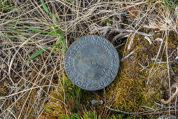 Hiking the Clearwater Trail from Indianhead Lodge to Malloch Meadows. Old survey marker from 1919.