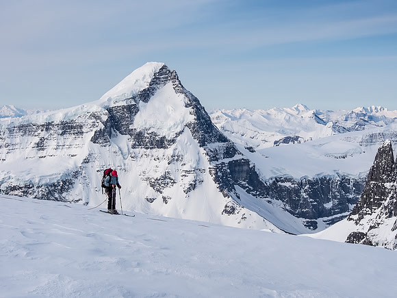 Raf's team skis beside us in the early morning light. Mount Columbia is unreachable across the Trench