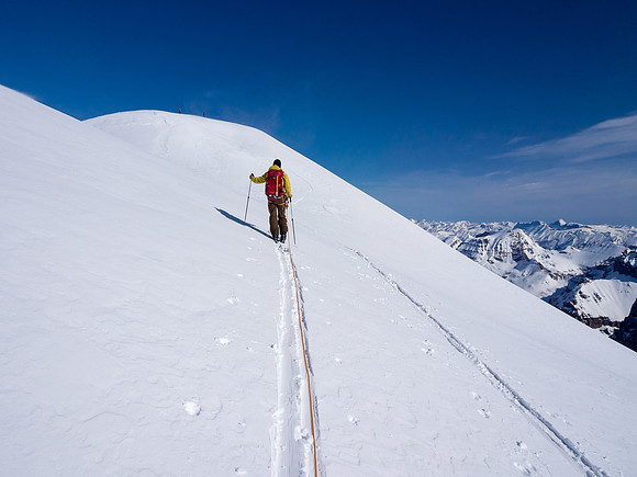 Getting higher on the south ridge. You can just make out the other ascent party near the summit ridge.